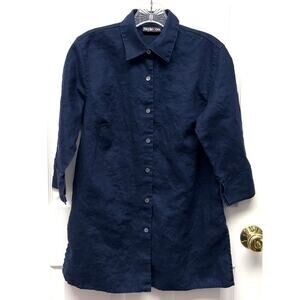 Linen Tunic Navy Blue Boho Layer Long Button Up Top Lagenlook 3/4 Sleeve Size 6